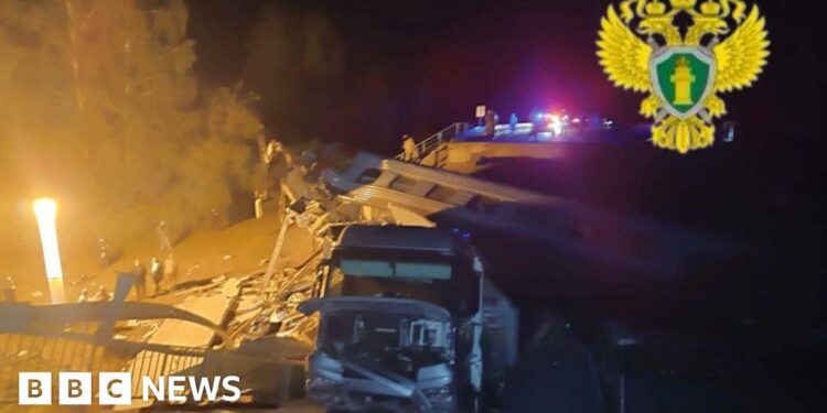 At least three dead after Russian bridge collapses onto train