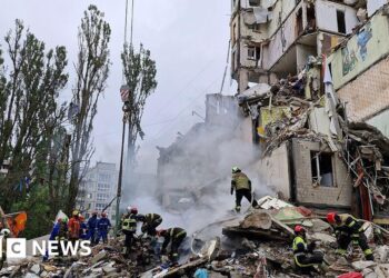 Russian strikes kill eight and hit apartment block in Kyiv, officials say