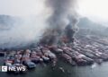 Drone footage shows huge Malaysian coastal village fire