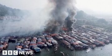 Drone footage shows huge Malaysian coastal village fire
