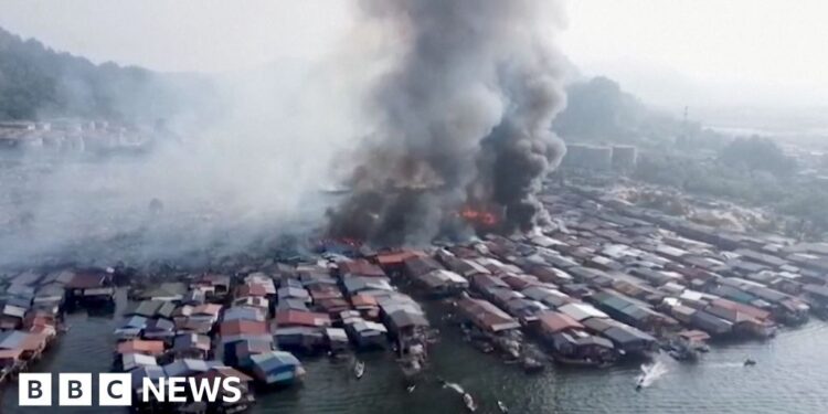 Drone footage shows huge Malaysian coastal village fire
