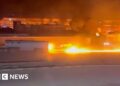 Fuel truck leaves trail of fire on road in Syria