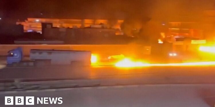 Fuel truck leaves trail of fire on road in Syria